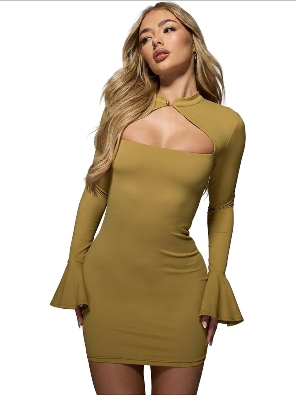 Cutout Neck Long-Sleeve Mini Dress in Mustard
